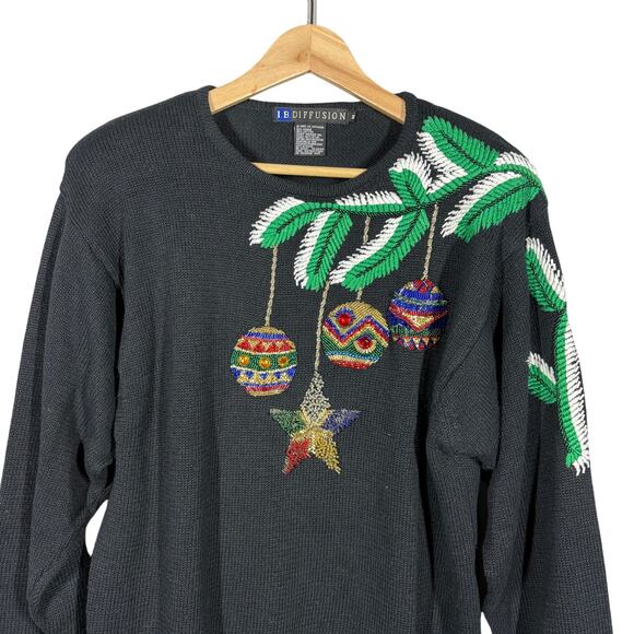 Vintage IB Diffusion Beaded Christmas Sweater Knit Long Sleeve Holiday Black - M - Picture 3 of 9